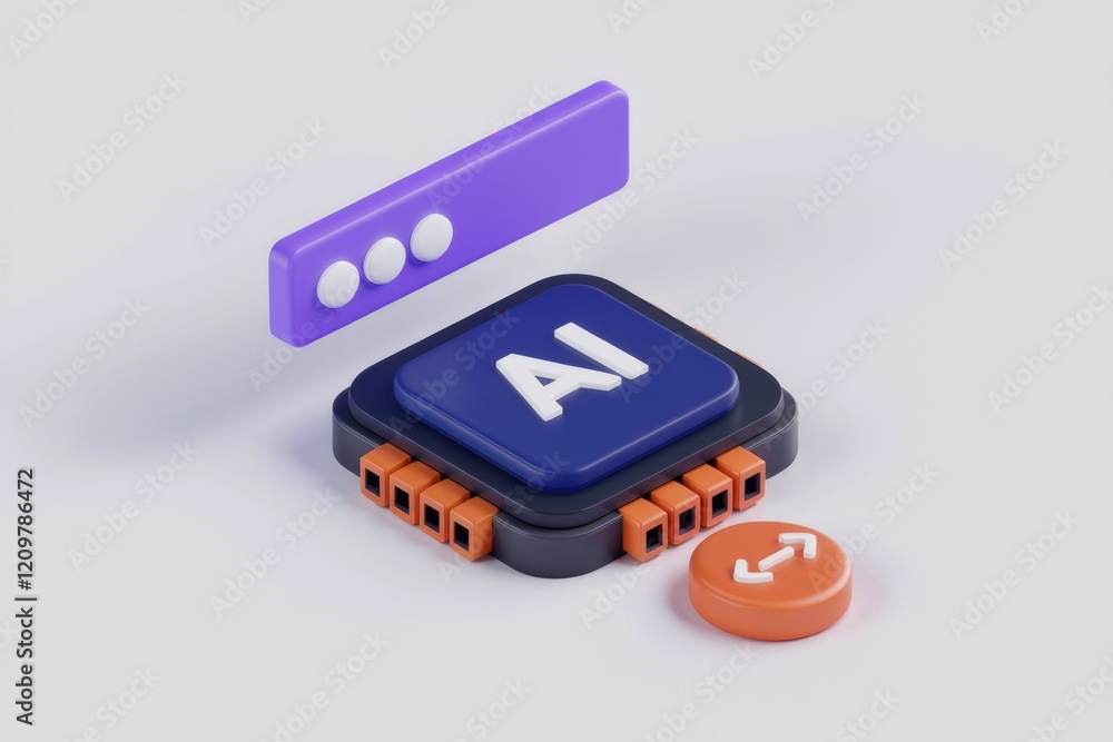 Poster 3D rendering of AI chip with data input and output, representing artificial intelligence processing.