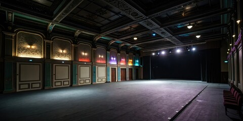 Dark and empty interior with colorful accents, industrial chic, dark interior, urban feel, modern decor, bold color scheme