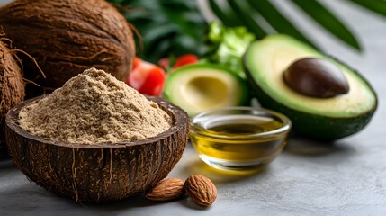Coconut flour, avocados, oil, almonds, tropical background; healthy food