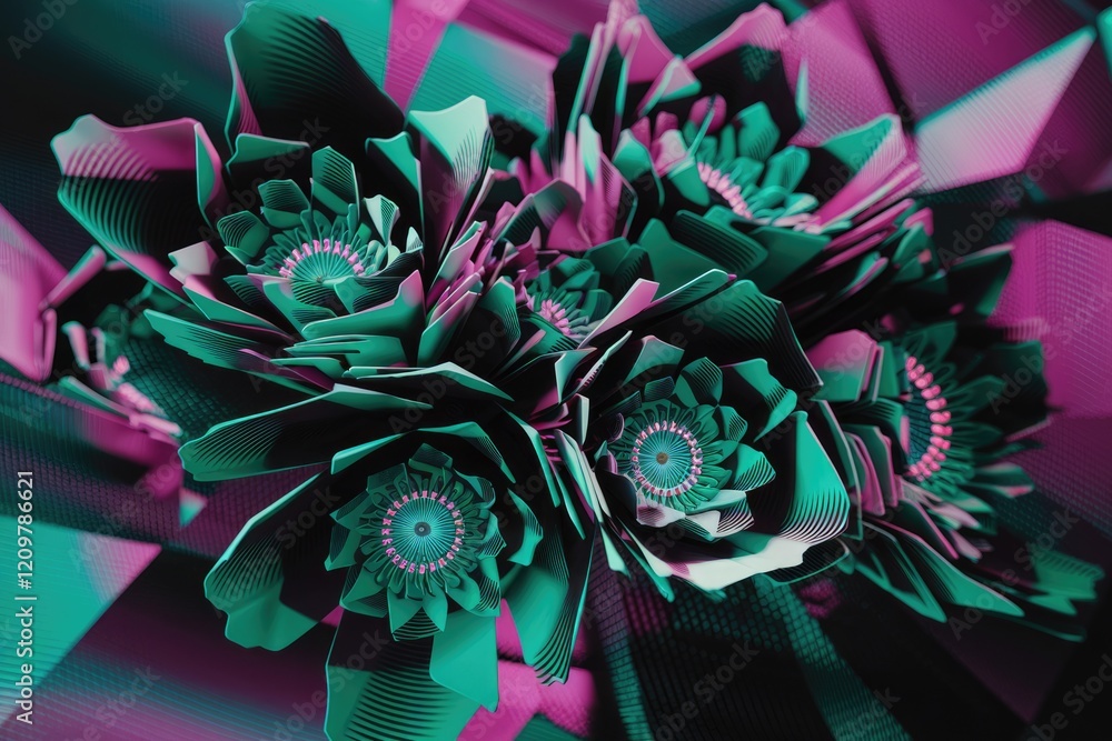 Poster Abstract teal and pink flowers with intricate geometric patterns, creating a vibrant and surreal digital artwork.