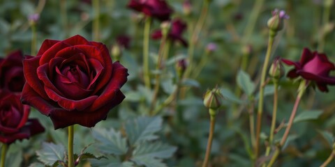 Fototapeta premium Dark red rose in a field with green leaves and stems, nature scene, botanical garden, foliage