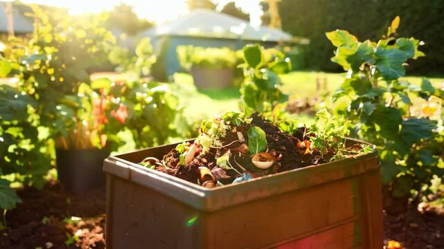 Organic waste, including leaves and grass clippings, is added into a compost pit, promoting eco-friendly recycling and composting of biodegradable materials.
