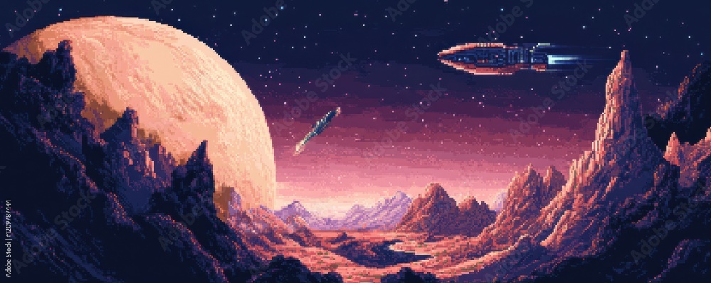 Poster a pixel art illustration of a spaceship exploring a distant planet.