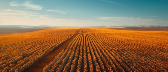 Fototapeta premium Expansive golden fields stretch under a clear sky, showcasing a tranquil agricultural landscape