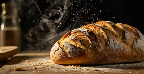 A close-up of freshly baked artisan bread with a golden, crispy crust emerging from a bread oven, with steam rising and flour scattered around
