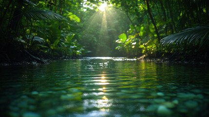 A serene image of a rainforest ecosystem, showcasing the interaction between animals, plants, and water