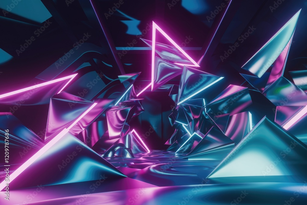 Poster abstract 3d render of a futuristic, vibrant scene with neon pink and blue glowing triangles and refl