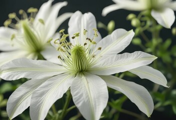 Fototapeta premium Delicate petals of the white clematis flower unfolding against a blurred green stem, blurred stem, unfolding flower