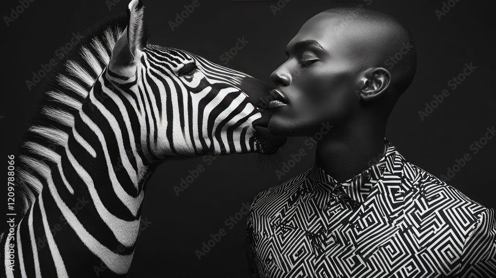 Poster striking black and white portrait featuring man and zebra, showcasing unique connection. geometric p