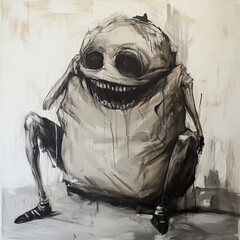 Grotesque Figure in Monochrome: A Horrifying Surreal Painting