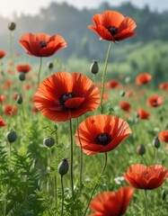 Fototapeta premium Delicate red poppy blooms on a soft, gradient meadow background with blurred flowers and lush greenery, countryside, wildflowers,