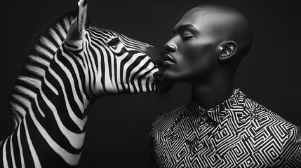 striking black and white portrait featuring man and zebra, showcasing unique connection. geometric patterns on man shirt complement zebra stripes, creating visually captivating image