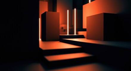 Abstract composition of geometric shapes illuminated by orange lights