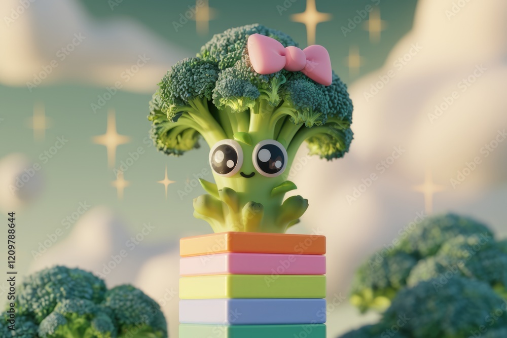 Poster adorable broccoli character with a pink bow sits atop a colorful stack.