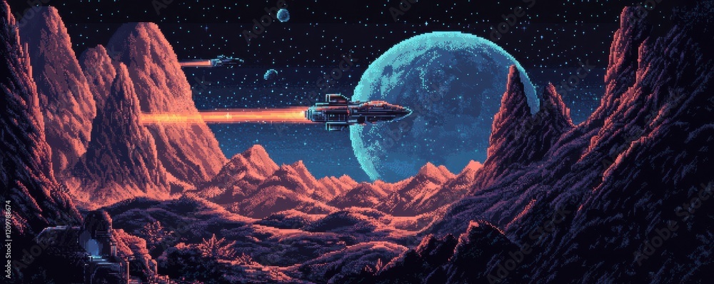 Poster a pixel art illustration of a spaceship exploring a distant planet.