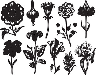 A set of flowers silhouettes for flat design. Hand drawn vector illustration