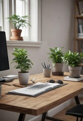 Fototapeta premium Desk with plenty of free space and a small potted plant, calm atmosphere, organized office, tidy workspace