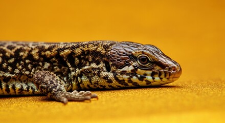Naklejka premium Close-up of a lizard resting on a vibrant orange background