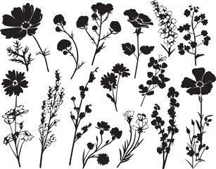 A set of flowers silhouettes for flat design. Hand drawn vector illustration