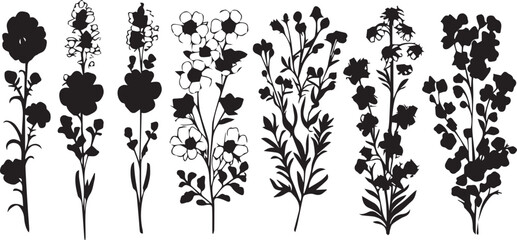 A set of flowers silhouettes for flat design. Hand drawn vector illustration