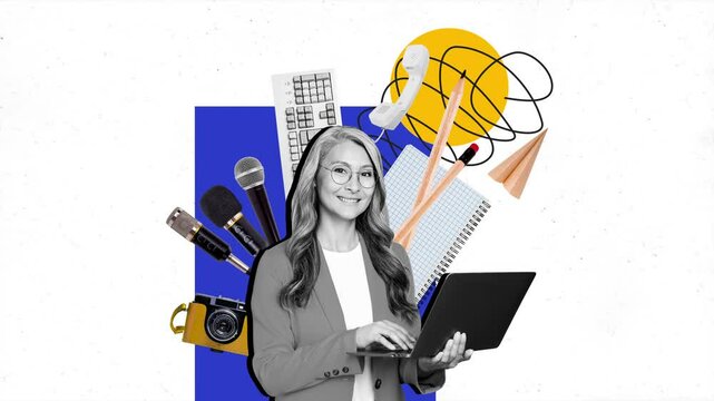 Motion trend art collage video of happy businesswoman journalist hold laptop multitask mic keypad camera telephone