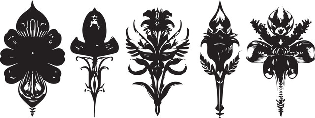 A set of flowers silhouettes for flat design. Hand drawn vector illustration
