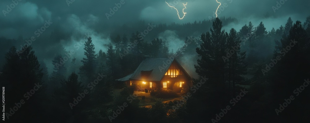 Poster stormy night with lightning illuminating a mysterious house surrounded by dense clouds and trees, cr
