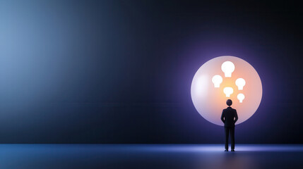 Smart thinking idea inspiration innovation concept, lone thinker stands in glowing sphere of ideas, contemplating