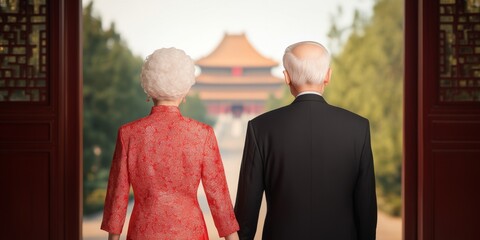 Golden Years in China: An elderly couple, hand-in-hand, stand before a majestic Chinese temple, symbolizing a lifetime of shared experiences and enduring love.  The image evokes a sense of peace.
