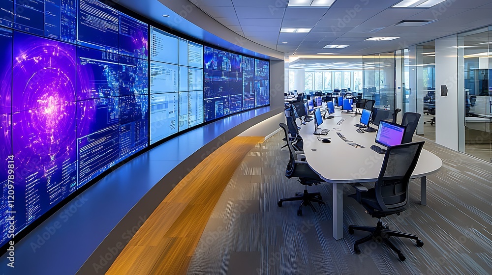 Poster modern tech control room: data visualization on curved screens