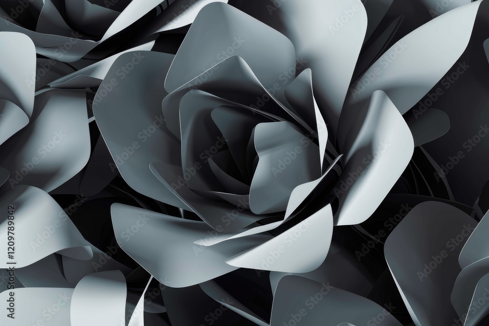 Fototapete abstract 3d rendering of gray, metallic, rose-like forms creating a complex, layered texture.