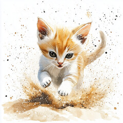 Illustration of the Sand Cat running through the desert, soft watercolor tones, white background, detailed illustration.