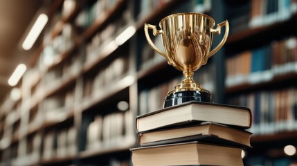 A golden trophy placed on a stack of books in a library, symbolizing academic excellence
