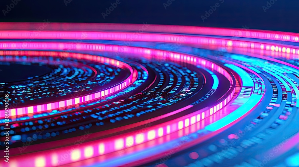 Poster education concept. abstract circular pattern with vibrant neon colors and glowing data elements.