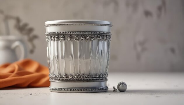 Ein dekorativer austerhaltiger Becher mit Perlen in wei&szlig;em Hintergrund, detail, hintergrund