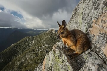 Naklejka premium A brush-tailed rock-wallaby perched on a rocky ledge, surveying its mountainous habitat with caution