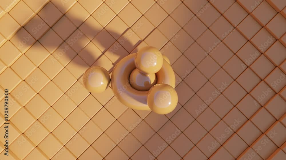 Poster warm brown 3d abstract animation of floating torus and spheres – minimal seamless loop geometric mot