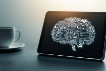 Smart thinking idea inspiration innovation concept, Futuristic tablet displaying holographic mind map with icons