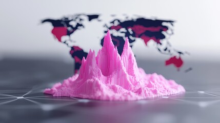 Naklejka premium Pink 3D model of a mountain range placed on a dark surface with a blurred world map in the background.