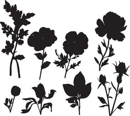 A set of flowers silhouettes for flat design. Hand drawn vector illustration