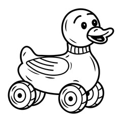 A hand drawn icon of a cute duck toy with wheels
