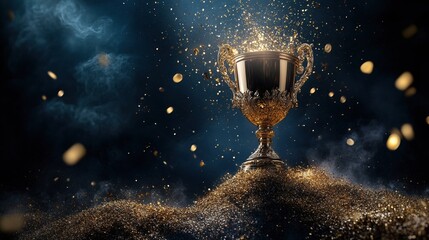 A shining golden trophy on a dramatic dark background with golden particles floating around