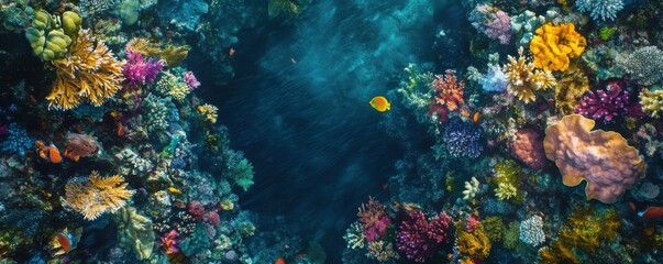 Fototapeta premium Aerial view of a vibrant coral reef teeming with colorful marine life.