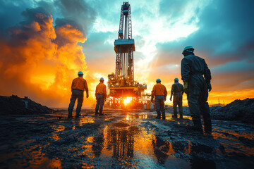 Oil rig workers at sunrise, protective gear, reflective muddy ground, industrial oil extraction process