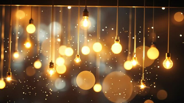 abtract background, hanging vintage style lightbulbs line dreamy sparkle light 