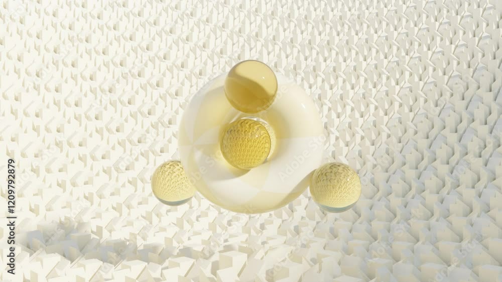 Aufkleber elegant light yellow 3d animation of floating torus and spheres – abstract geometric motion loop for