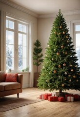 Freshly Cut Pine Christmas Tree in Living Room, pine tree arrangement , pine branch decor, warm fireplace