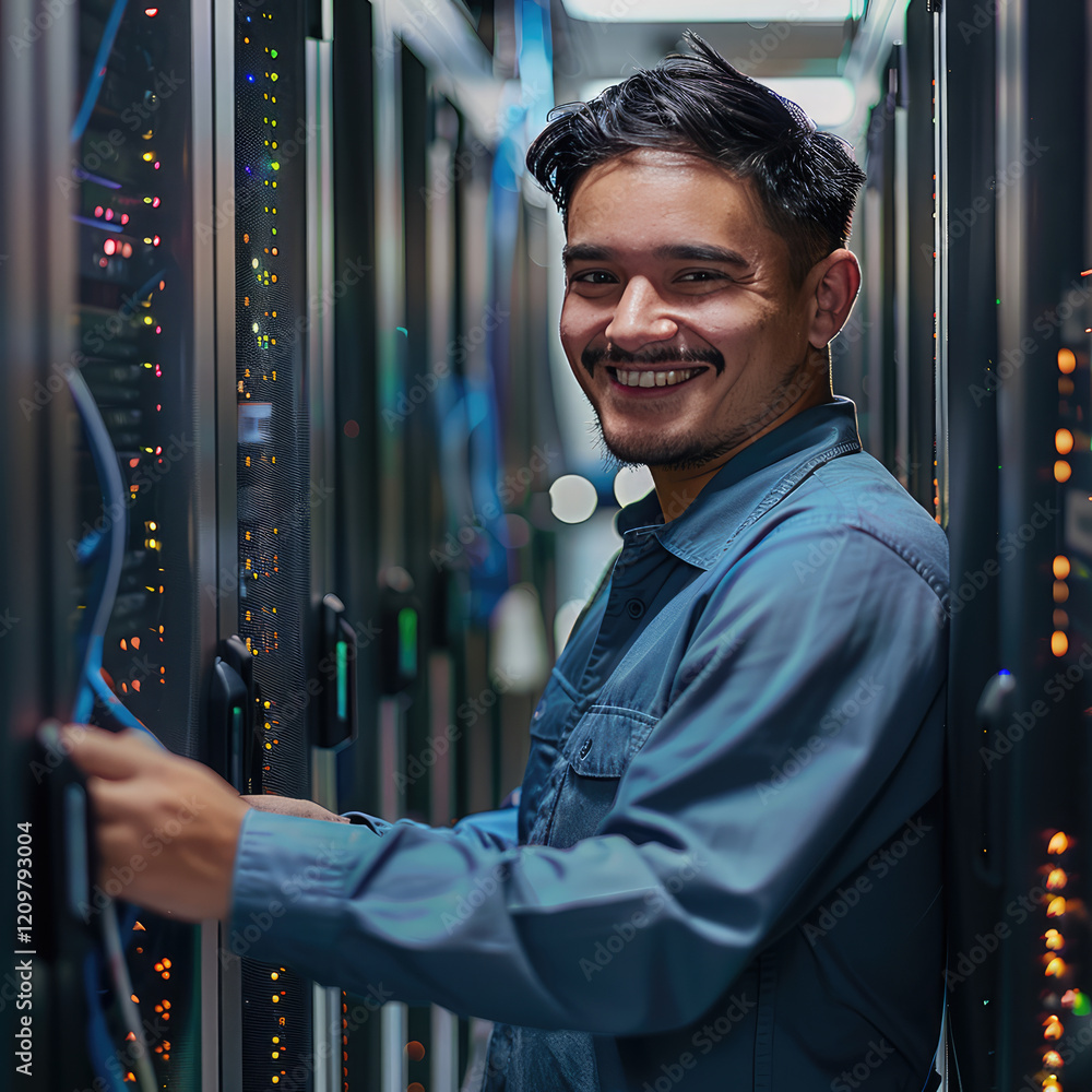 Poster happy it employee working in server room, smiling confidently while managing equipment. environment 