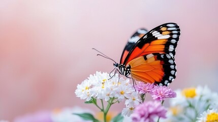 Fototapeta premium Butterfly on flowers in garden, soft background, nature scene, spring