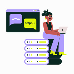 Woman Sitting On Servers With Laptop And Web Browser Tabs In Flat Vector Illustration Symbolizing Internet Connectivity, Technology, And Data Storage, Isolated On White Background